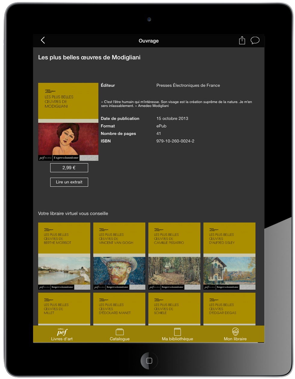 Capture d'écran de l'application PEF online sur iPad
